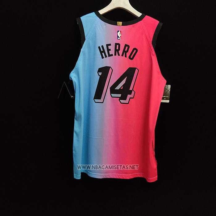 Camiseta Miami Heat Tyler Herro NO 14 Ciudad 2020-21 Autentico Azul Rosa